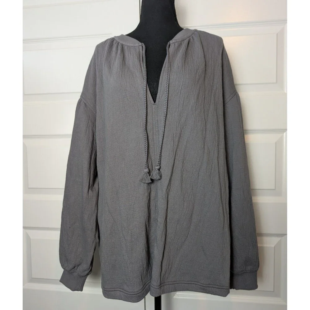 NWOT Aerie Size M Easy Street Gauze Sweatshirt  Tassel Tie Grey Oversized Boho - Picture 2 of 11
